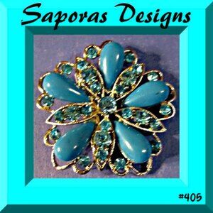 Silver Tone Flower Design Brooch With Blue Crystals & Blue Beads